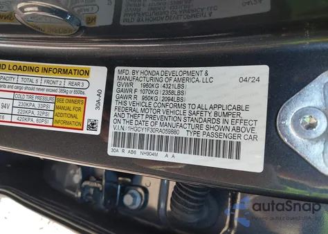 2024 Honda Accord Ex from USA, damaged, VIN 1HGCY1F30RA059880